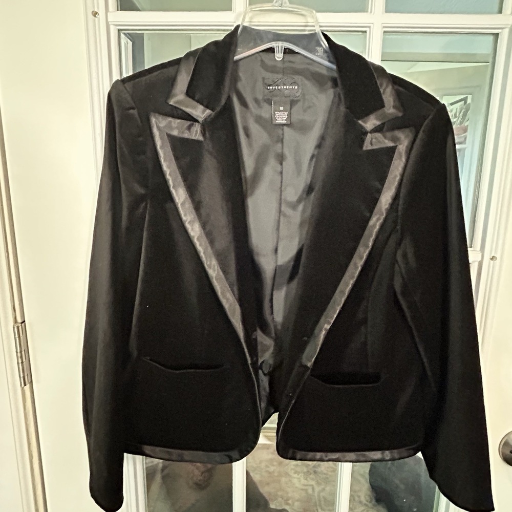 Investments‎ Black Velvet Tuxedo Style Satin Trim Blazer Womens Size 10